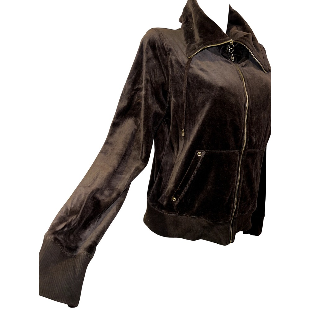 Michael Kors Womens Brown Velour Full Zip Funnel Neck Track Jacket Large MK Logo - Picture 3 of 7